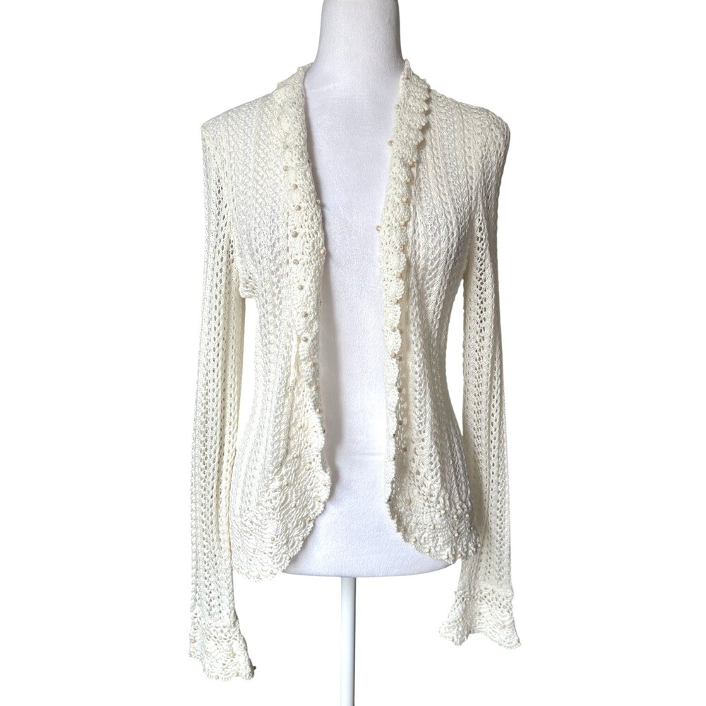 Crochet Open Front Cardigan Sz S Fairy Cottage Boho Wood Beads Scalloped NWT